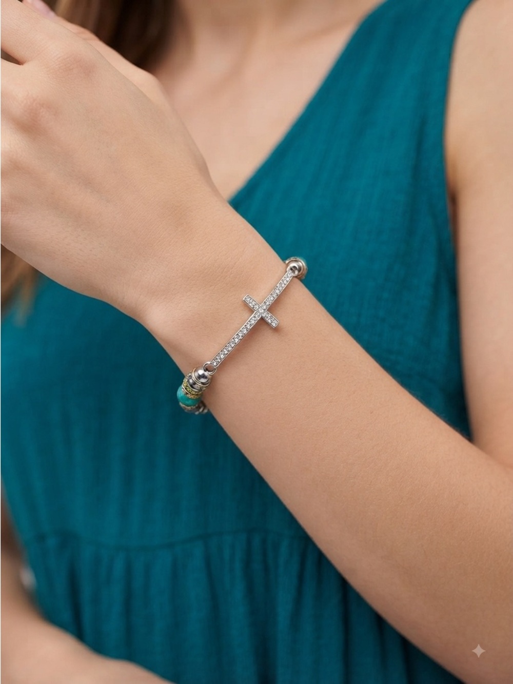 Sideways Cross Stretch Bracelet with Turquoise Beads & Crystal Rhinestones